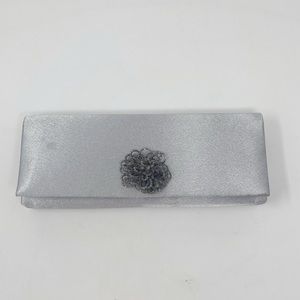 Vintage silver grey satin evening bag clutch with beaded brooch